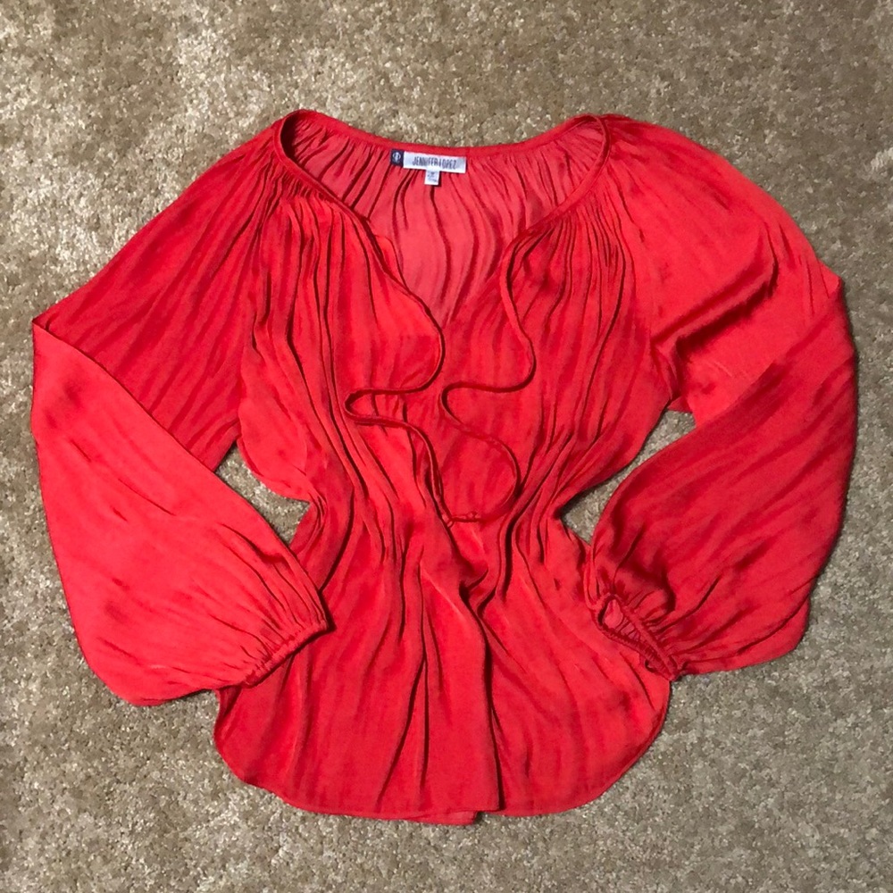 Jennifer Lopez red silky peasant blouse